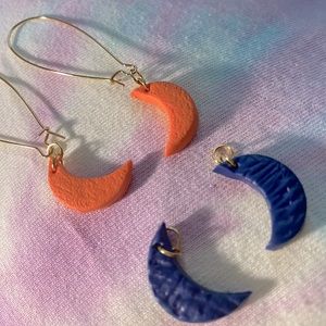 Womens earring moon orange blue handmade